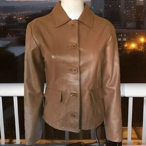 Vintage Olly Tan Brown Whip Leather Stitched Trim Jacket M